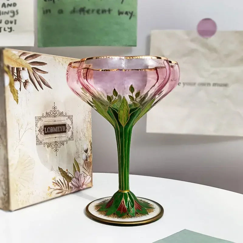 1pcs Austrian Style Pink Hand-painted Champagne Glass Crystal Red Wine Cup Ice Cream Bowl Vintage Flower Pattern Glass