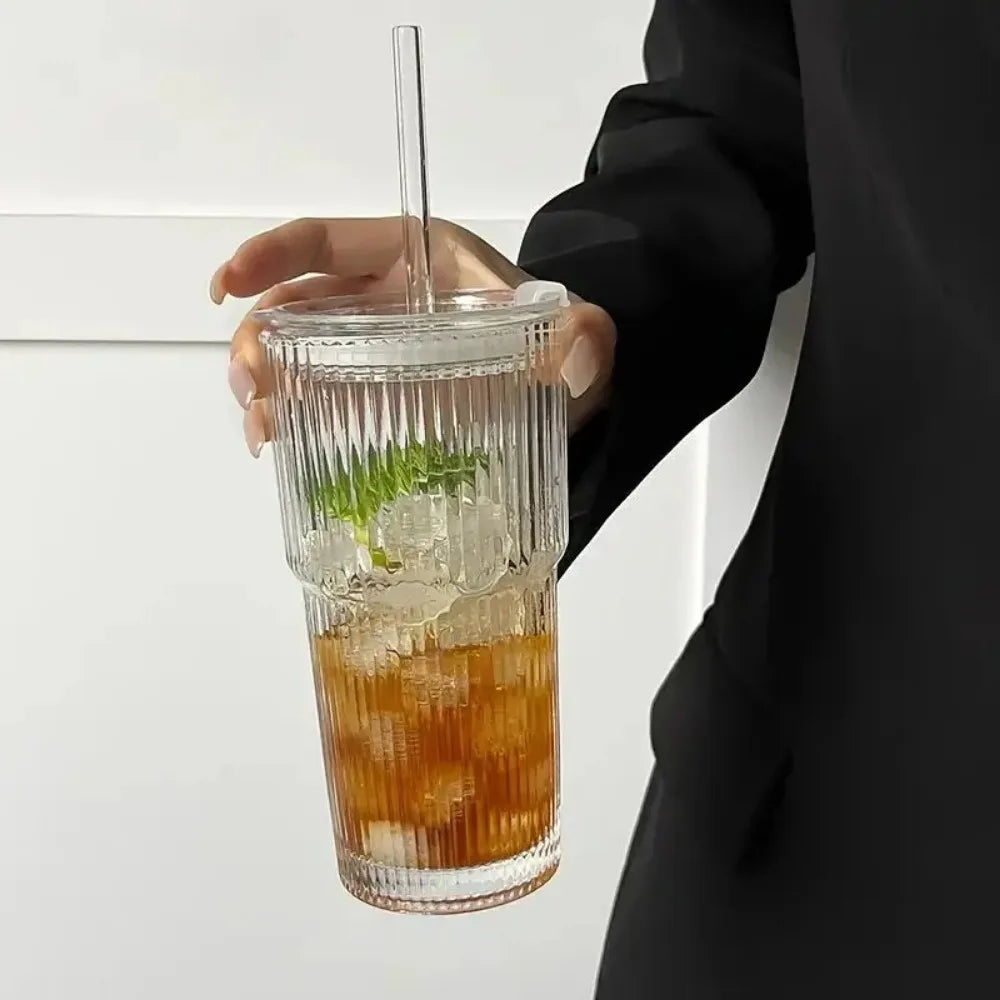 600ml Stripe Glass Cup with Lid and Straw Transparent Drinking Glasses for Juice Water and Iced Coffee Cups Mug