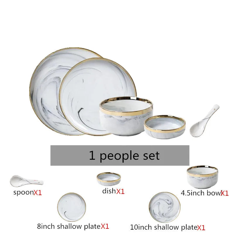 New Double-sided Gilt Rim Gray Marble Pattern Porcelain Dinner Tray Kitchen Plates Ceramic Food Dishes Rice Salad Noodles Bowl