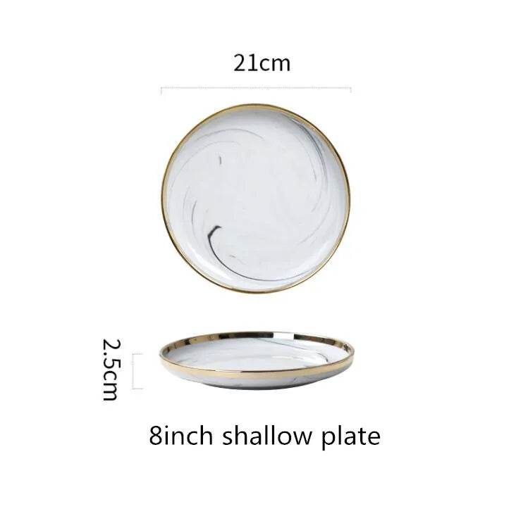 New Double-sided Gilt Rim Gray Marble Pattern Porcelain Dinner Tray Kitchen Plates Ceramic Food Dishes Rice Salad Noodles Bowl