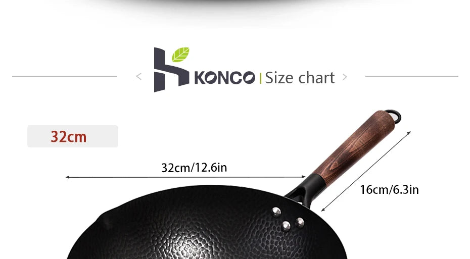 Konco Iron wok Cast iron pan Non-coated Pot General use for Gas and Induction Cooker 32cm Chinese Wok Cookware Pan Kitchen Tools