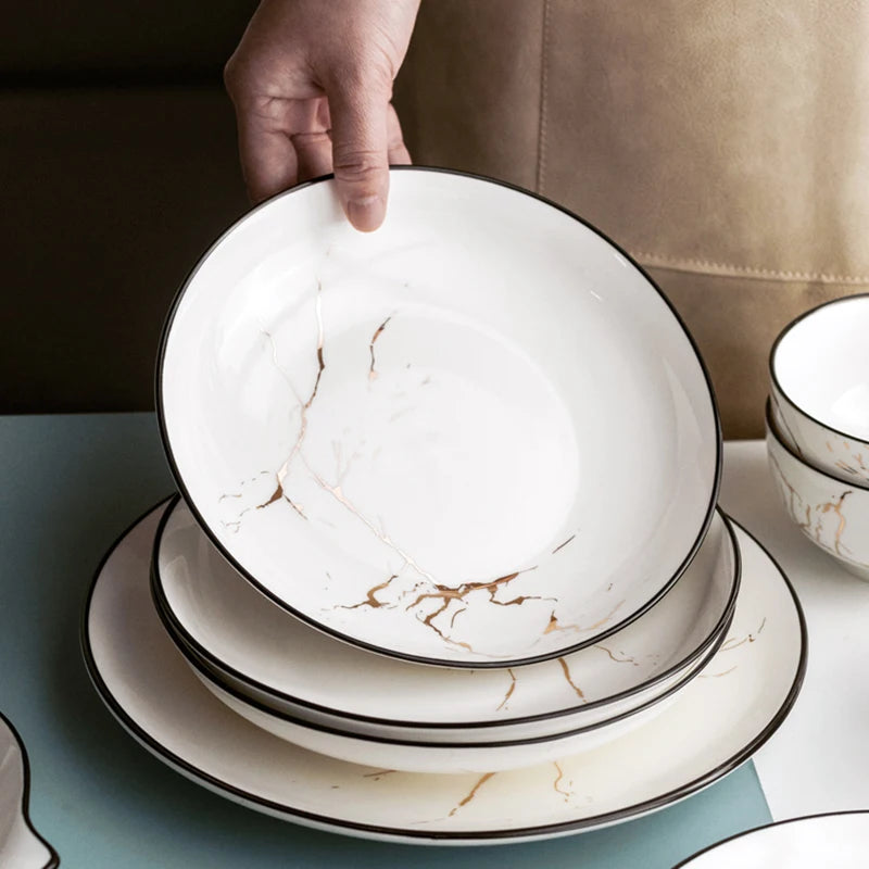 Black Border Ceramic Dishes and Plates Sets, Creative Marble Dinner Plate, Nordic Round Dessert Dishes, Household Tableware