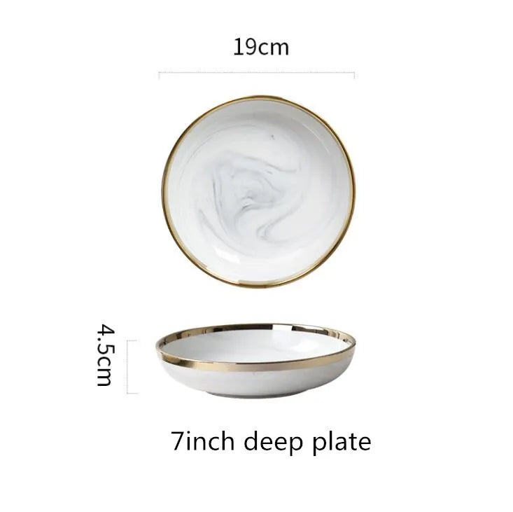 New Double-sided Gilt Rim Gray Marble Pattern Porcelain Dinner Tray Kitchen Plates Ceramic Food Dishes Rice Salad Noodles Bowl