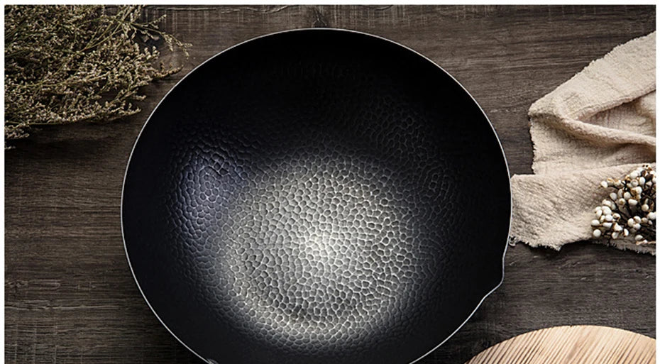 Konco Iron wok Cast iron pan Non-coated Pot General use for Gas and Induction Cooker 32cm Chinese Wok Cookware Pan Kitchen Tools
