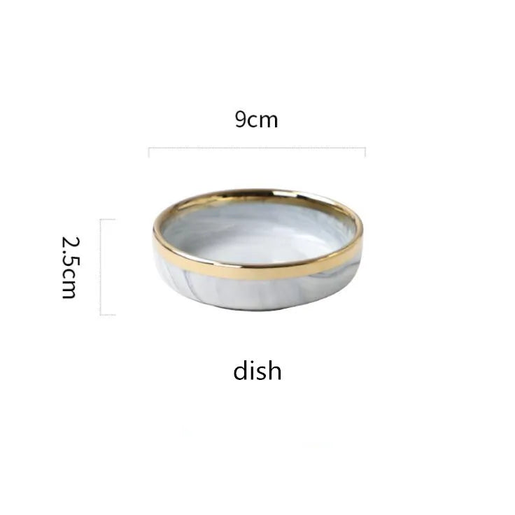 New Double-sided Gilt Rim Gray Marble Pattern Porcelain Dinner Tray Kitchen Plates Ceramic Food Dishes Rice Salad Noodles Bowl