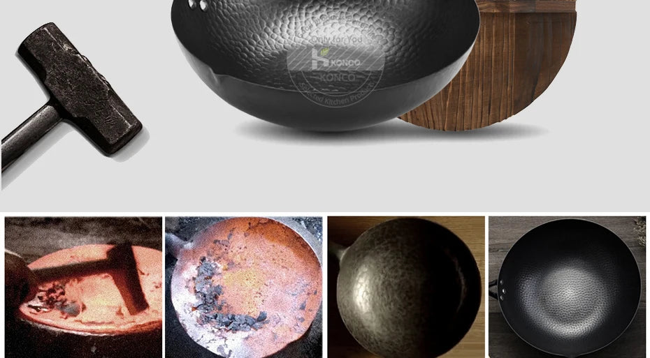 Konco Iron wok Cast iron pan Non-coated Pot General use for Gas and Induction Cooker 32cm Chinese Wok Cookware Pan Kitchen Tools