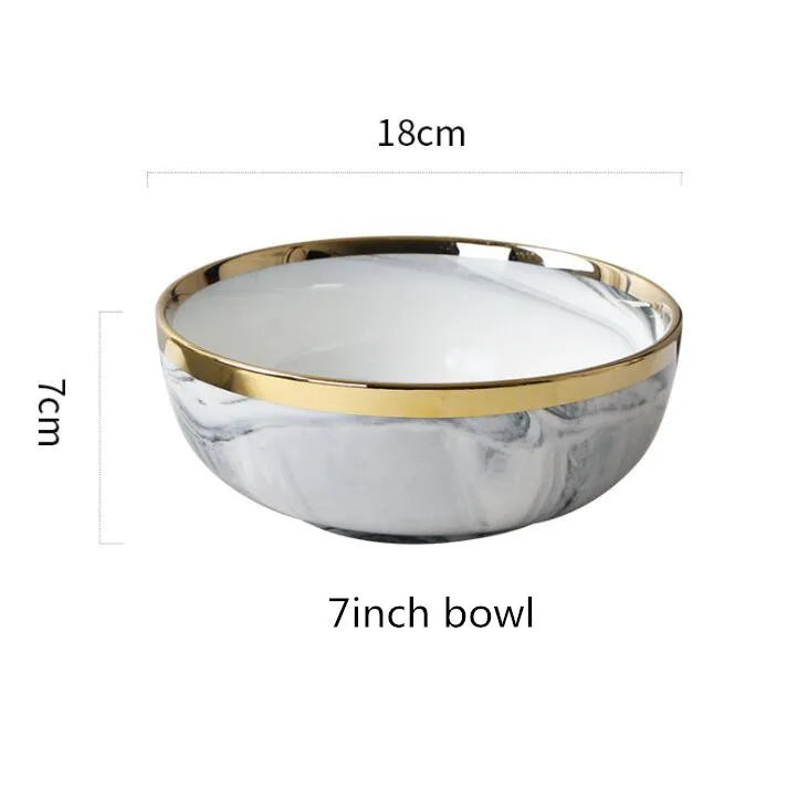 New Double-sided Gilt Rim Gray Marble Pattern Porcelain Dinner Tray Kitchen Plates Ceramic Food Dishes Rice Salad Noodles Bowl