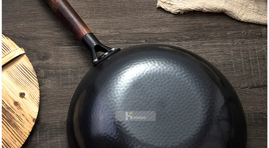 Konco Iron wok Cast iron pan Non-coated Pot General use for Gas and Induction Cooker 32cm Chinese Wok Cookware Pan Kitchen Tools