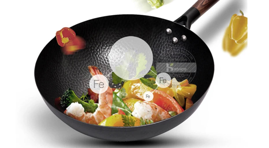 Konco Iron wok Cast iron pan Non-coated Pot General use for Gas and Induction Cooker 32cm Chinese Wok Cookware Pan Kitchen Tools