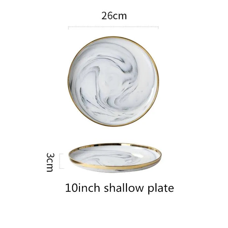 New Double-sided Gilt Rim Gray Marble Pattern Porcelain Dinner Tray Kitchen Plates Ceramic Food Dishes Rice Salad Noodles Bowl
