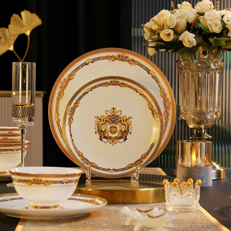 Gold Bone China Dinnerware Sets Ceramics Kitchen Gift Luxury Christmas Dinner Sets Wedding Party Vajillas Ceramica Dishes