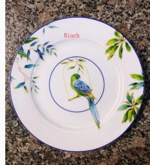 Parrot bone china tableware set, American Western dishes, household dishes, soup plates, coffee cups, European and American past