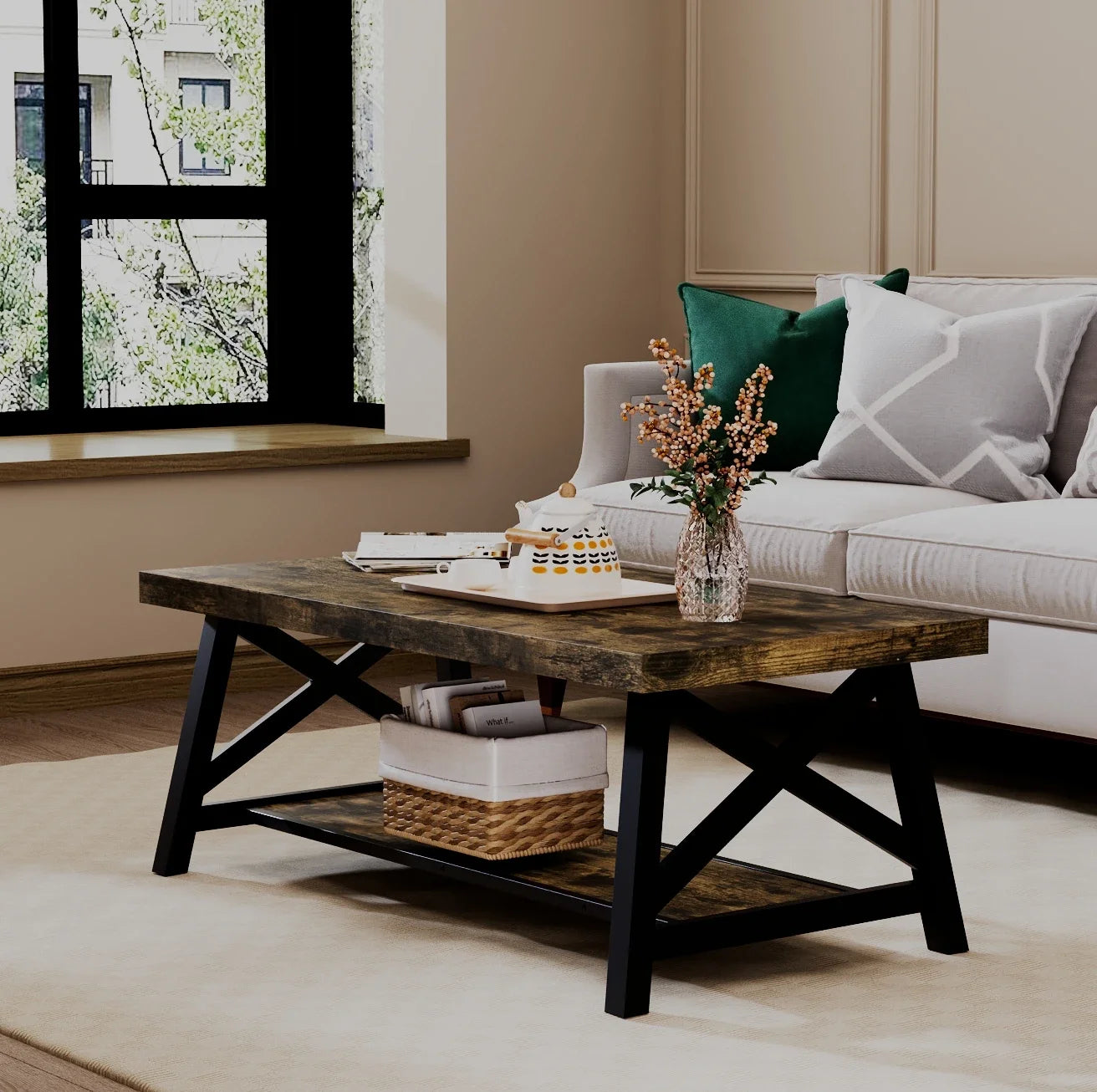 For Living Room,Farmhouse Coffee Table Living Room Small Tables 45" Modern 2-Tier Coffee Tables Coffee Table with Storage