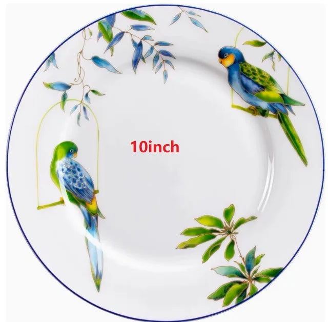 Parrot bone china tableware set, American Western dishes, household dishes, soup plates, coffee cups, European and American past