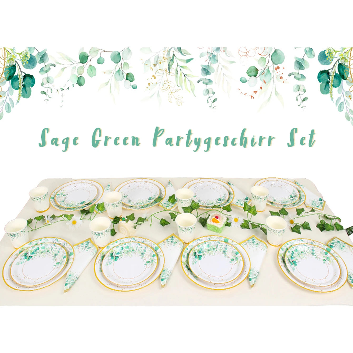 96pcs Green Party Tableware Set - Eucalyptus Paper Plates, Cups, Napkins for 24 Guests, Ideal for Birthday, Wedding, Home Decor