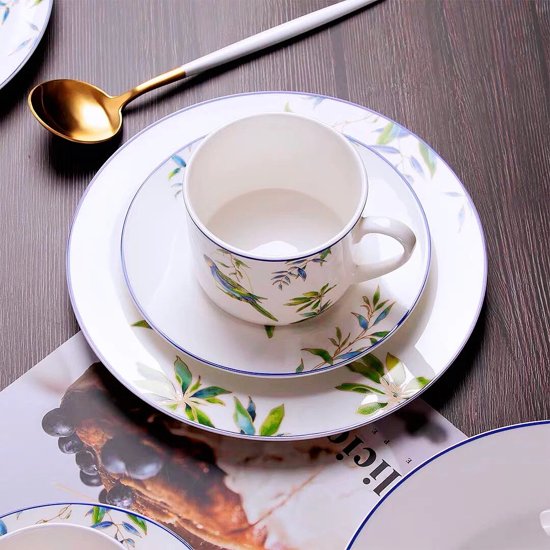 Parrot bone china tableware set, American Western dishes, household dishes, soup plates, coffee cups, European and American past