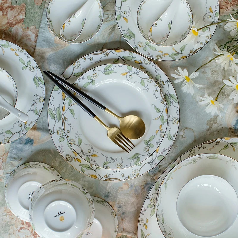 46-piece set, royal floral painting, fine bone china unit of dinner, porcelain dinner plate set, crockery set of dish, bowl set