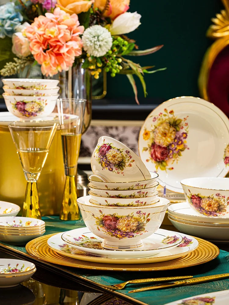 Exquisite European Style Bone China Bowl and Plate Set Luxurious Porcelain Bowl and Chopsticks Set