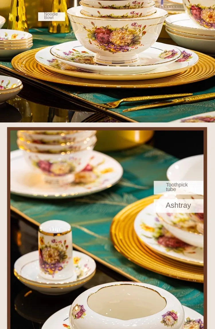 Exquisite European Style Bone China Bowl and Plate Set Luxurious Porcelain Bowl and Chopsticks Set