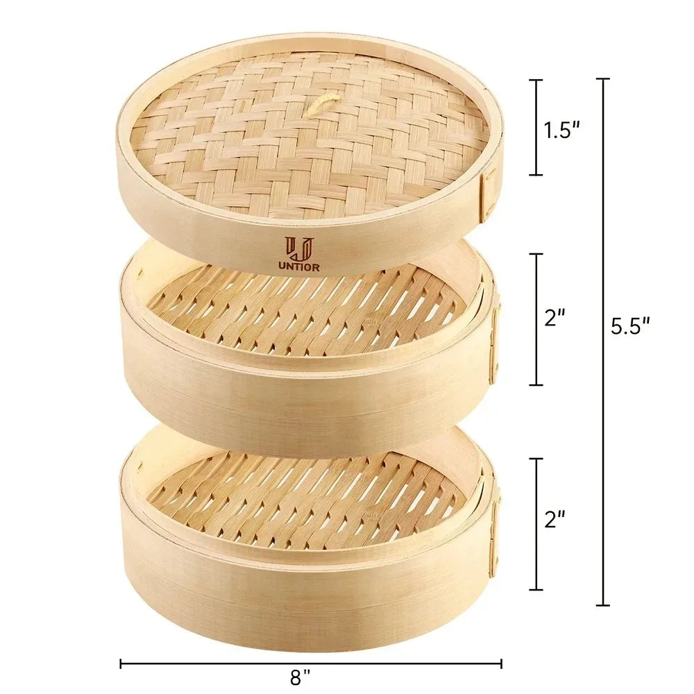Handmade Bamboo Steamer 3 Tier & Lid Premium Bamboo Steamer Basket 100% Natural Bamboo Rolls Chicken Fish and 10 Inch Meat
