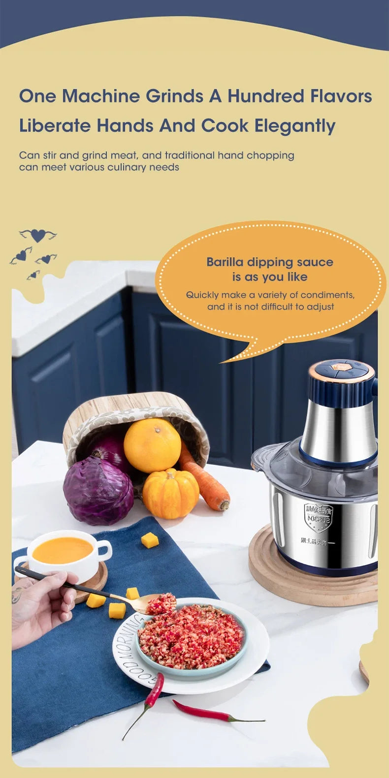 Electric Meat Grinder 304 Stainless Food Crusher Multifunction Vegetable Fruit Pepper Garlic Chopper Mincer Baby Food Blender