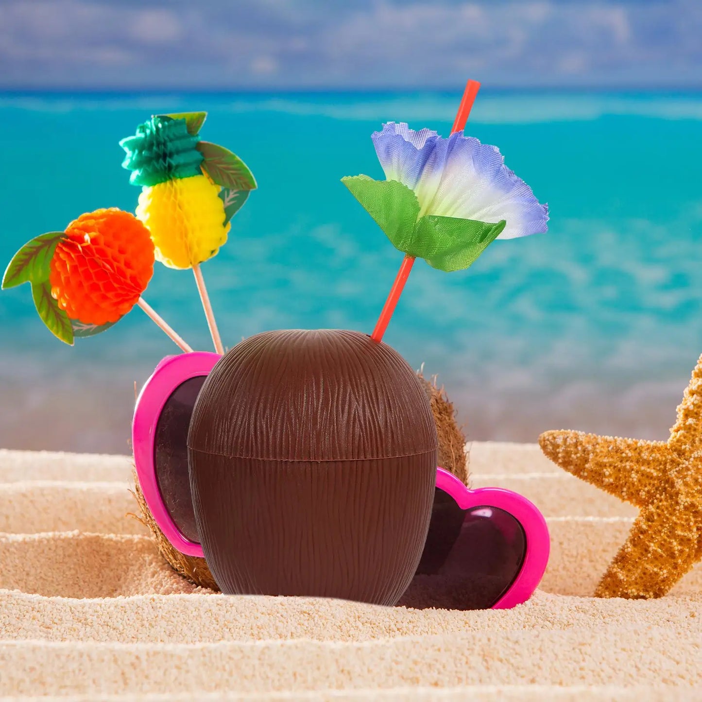 4 Pcs 500ml Coconut Shaped Cups Plastic Straws Luau Party Supplies Beach Hawaiian Event Decorations Lightweight Portable Outdoor