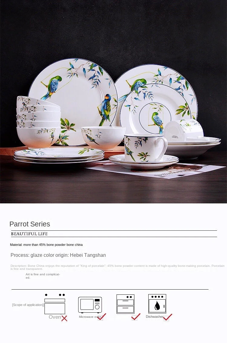 Parrot bone china tableware set, American Western dishes, household dishes, soup plates, coffee cups, European and American past