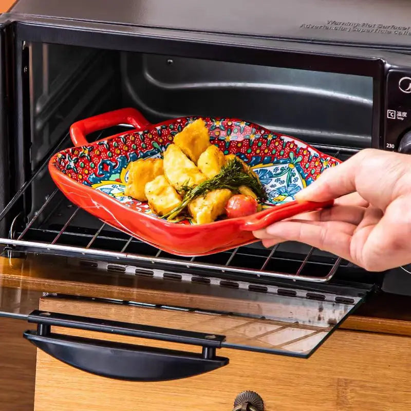 Hand-painted bohemian ceramic baking dish Square with handles For pasta and desserts Suitable for oven and microwave.