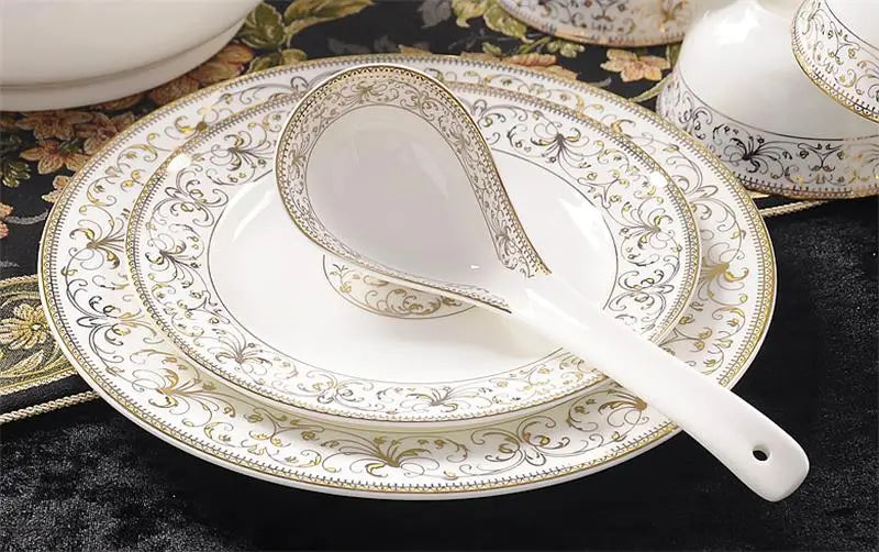 46-piece set, royal gold ware designed, fine bone china dinnerware sets, chinese crockery set plates, porcelain dinnerware