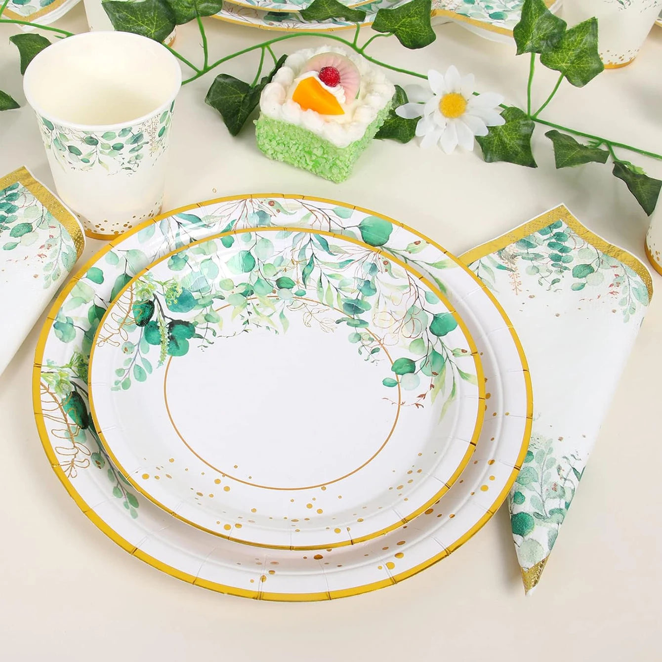 96pcs Green Party Tableware Set - Eucalyptus Paper Plates, Cups, Napkins for 24 Guests, Ideal for Birthday, Wedding, Home Decor