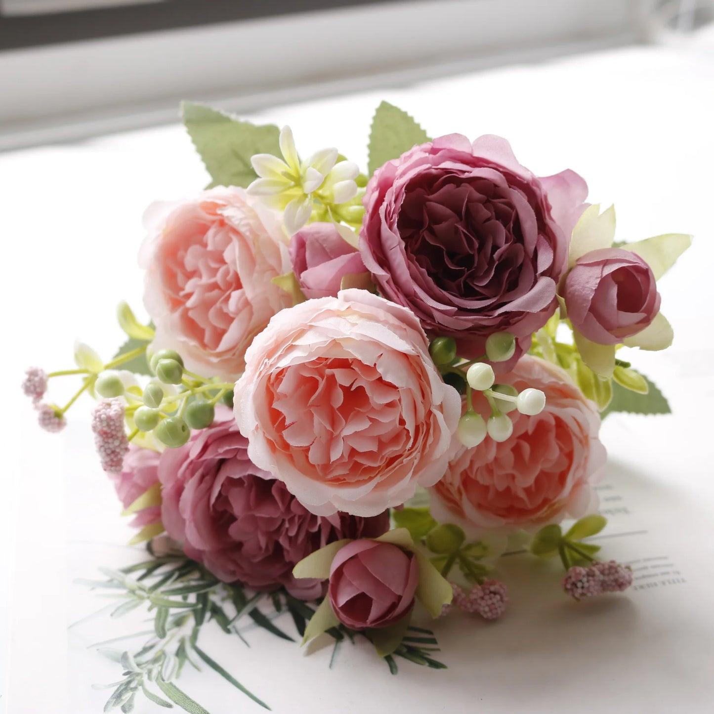 Hot Selling 1pcs/30cm Rose Pink Silk Bouquet Peony Artificial Flower 5 Big Head 4 Small Bud Bride Wedding Home Decoration Artifi