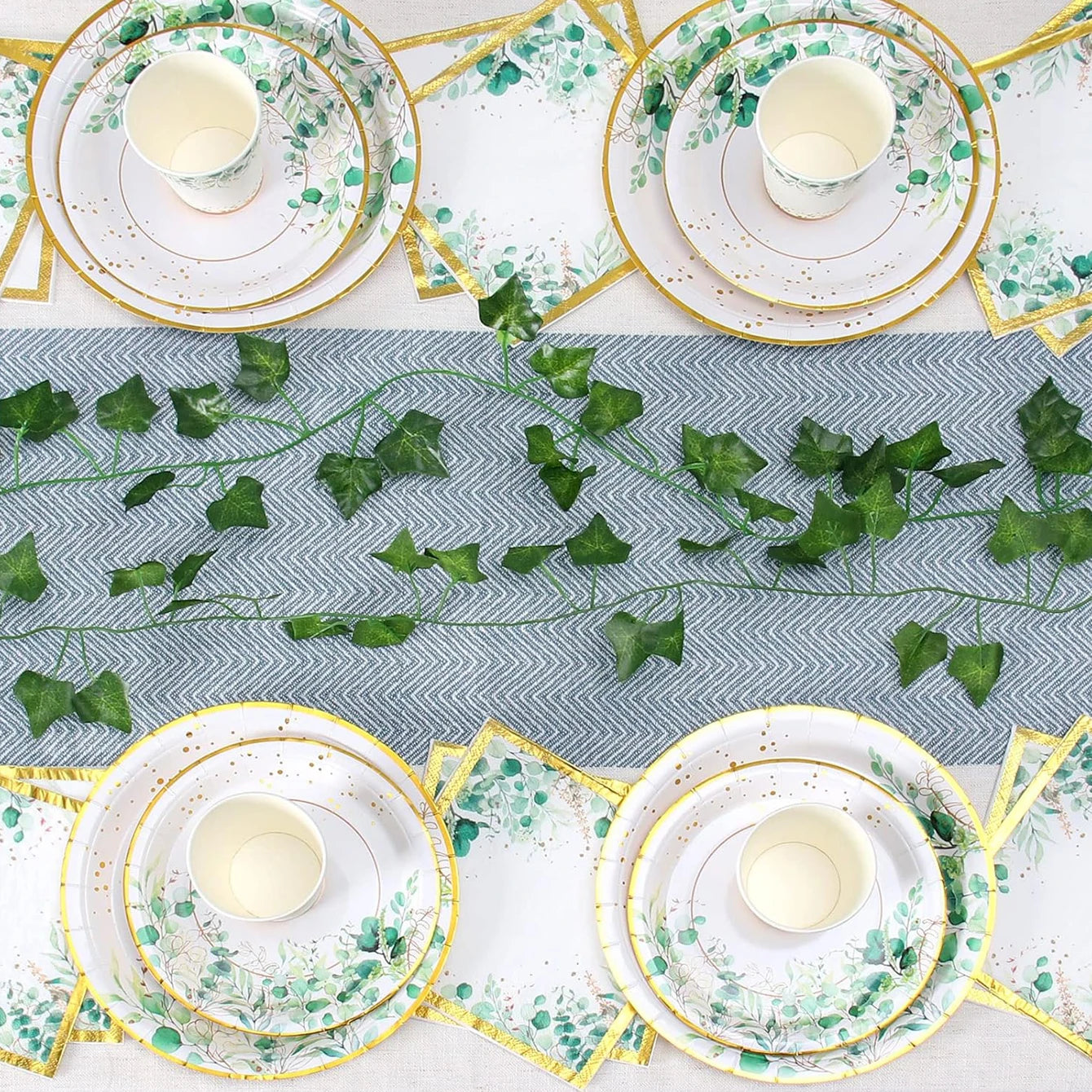 96pcs Green Party Tableware Set - Eucalyptus Paper Plates, Cups, Napkins for 24 Guests, Ideal for Birthday, Wedding, Home Decor
