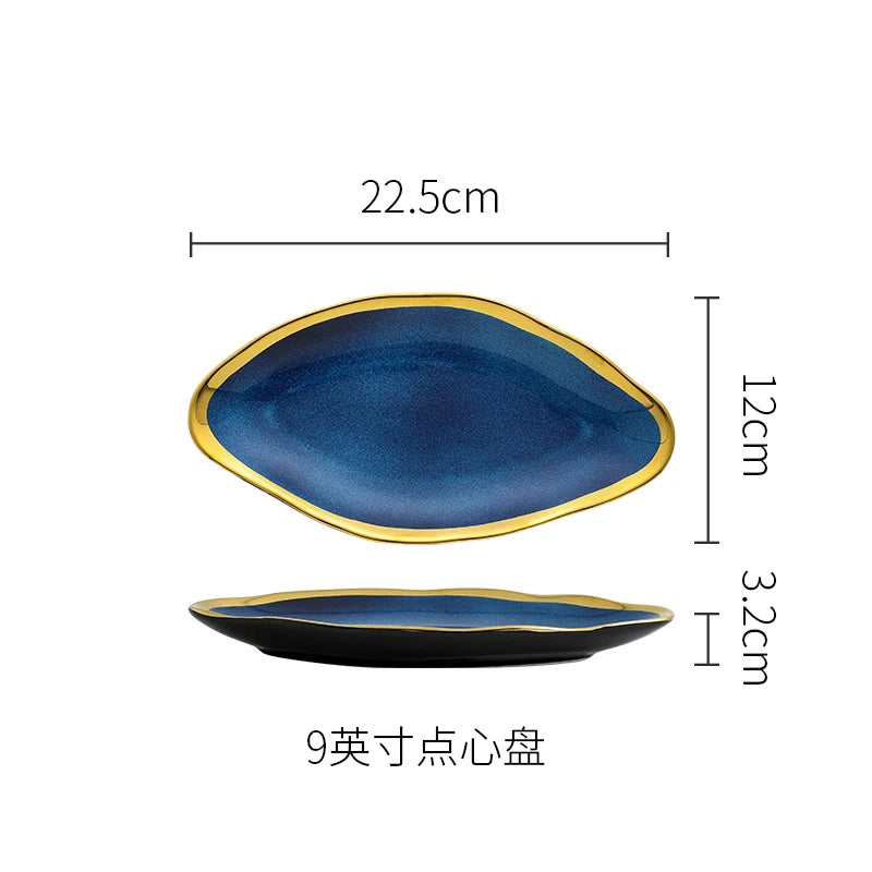 Creative Irregular Ceramic Plate Bowl Nordic Blue Glaze Irregular Golden Edge Steak Plate Main Dish Plate Household Tableware