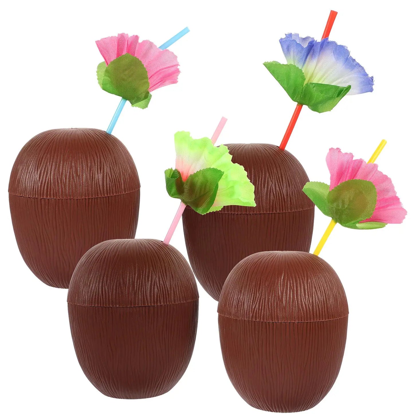 4 Pcs 500ml Coconut Shaped Cups Plastic Straws Luau Party Supplies Beach Hawaiian Event Decorations Lightweight Portable Outdoor