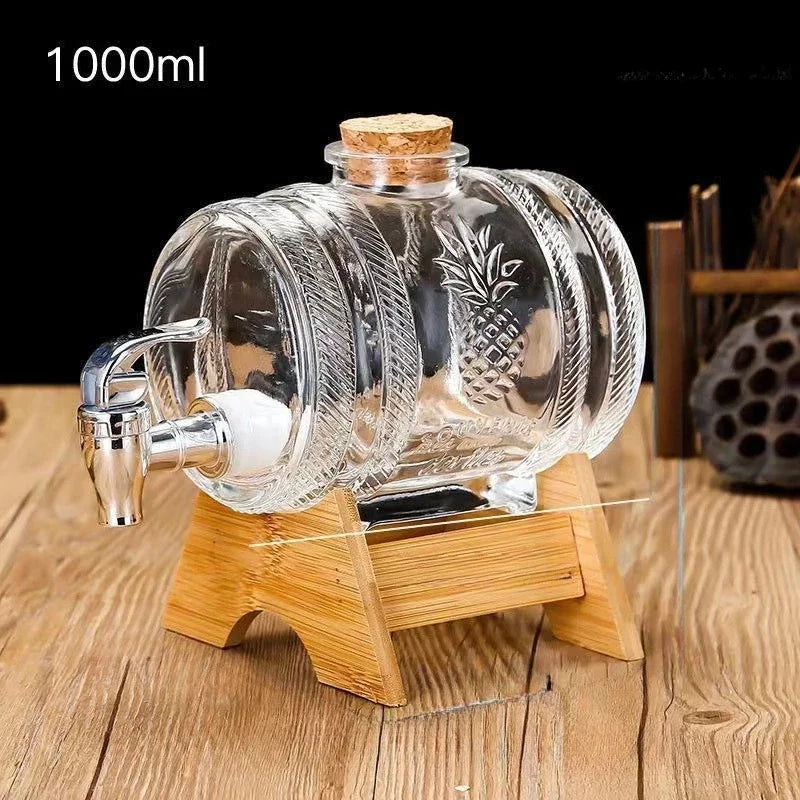 1L Embossed Glass Beverage Barrel with Faucet