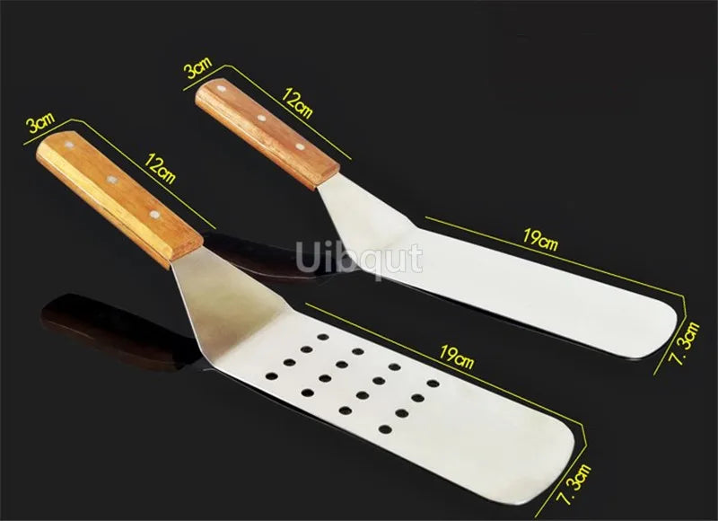Stainless Steel Steak Fried Shovel Spatula Pizza peel Grasping Cutter Spade Pastry BBQ Tools Wooden Rubber Handle Kitchen turner