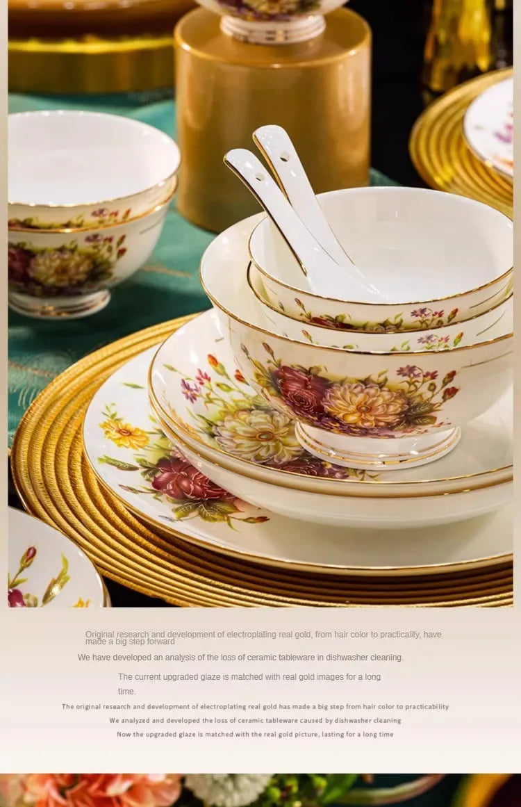 Exquisite European Style Bone China Bowl and Plate Set Luxurious Porcelain Bowl and Chopsticks Set
