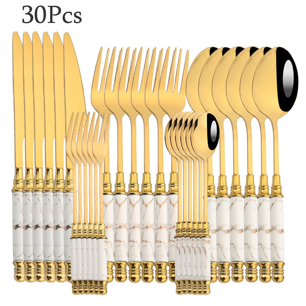AJOYOUS 24/30Pcs Dinnerware Stainless Steel Ceramic Knife Cake Fork Tea Spoon Dinnerware Set Dinner Tableware Set Flatware