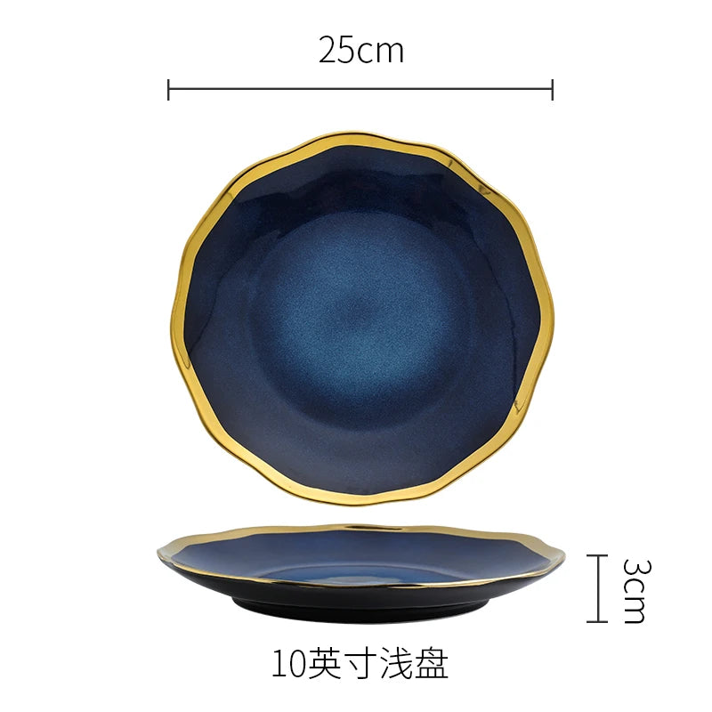 Creative Irregular Ceramic Plate Bowl Nordic Blue Glaze Irregular Golden Edge Steak Plate Main Dish Plate Household Tableware