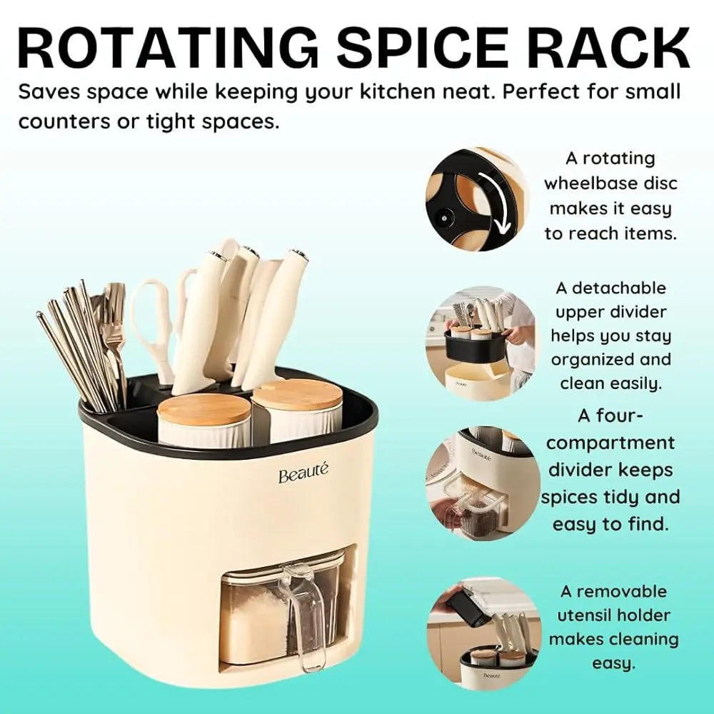 Cream Rotating Kitchen Utensil Holder – Multi-Purpose Countertop Organizer for Seasonings, Spices & Cutlery