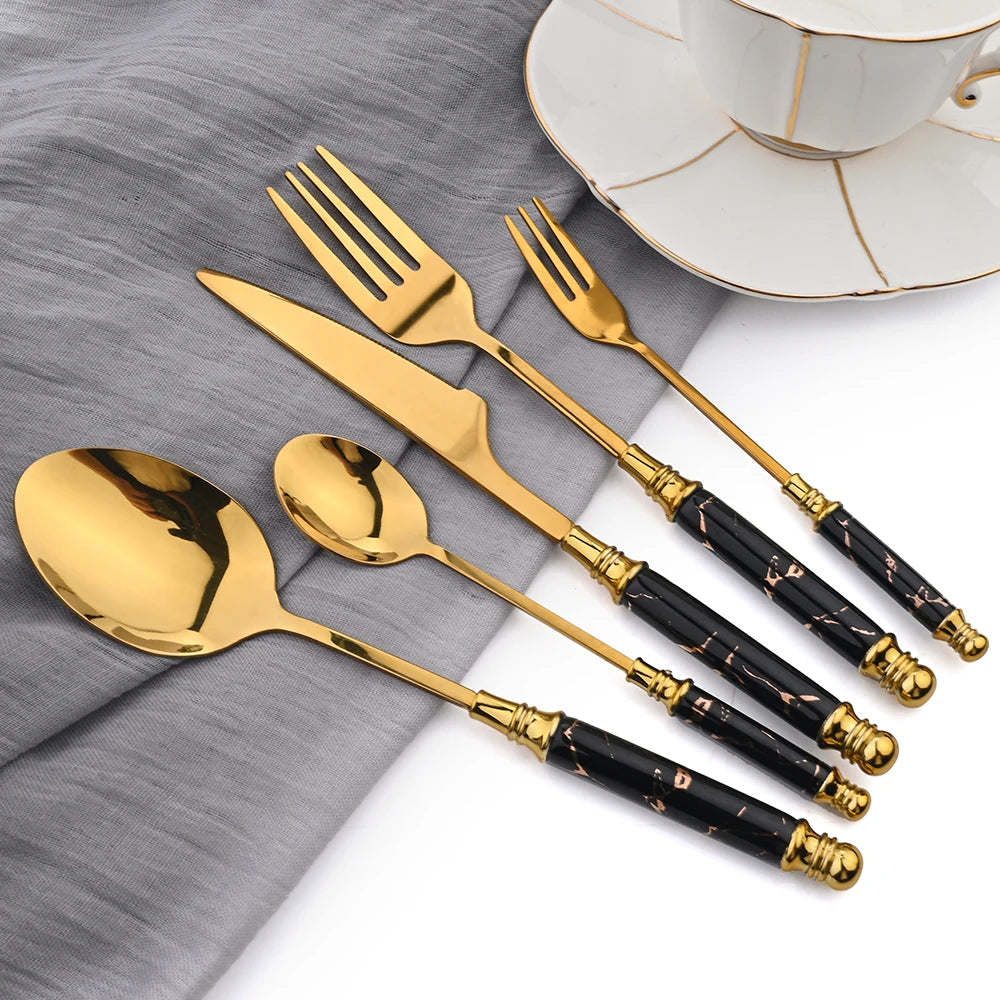 AJOYOUS 24/30Pcs Dinnerware Stainless Steel Ceramic Knife Cake Fork Tea Spoon Dinnerware Set Dinner Tableware Set Flatware