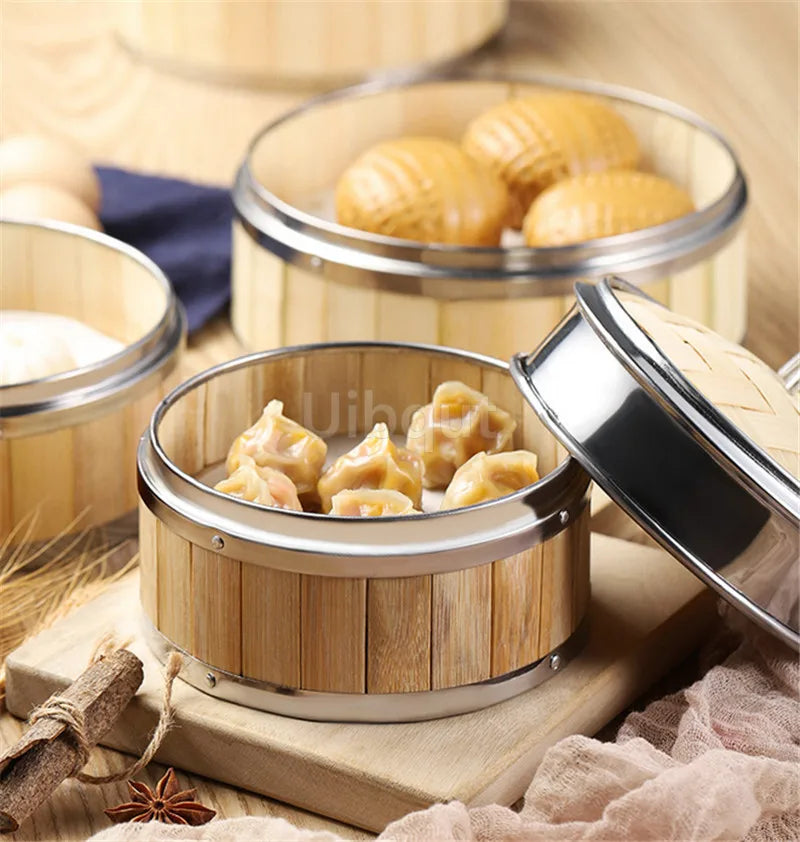 Bamboo Food Steamer basket with Stainless Steel Banding No Lid Bun Steaming Basket Dumplings DimSum Cage Cooker Kitchen Gadget