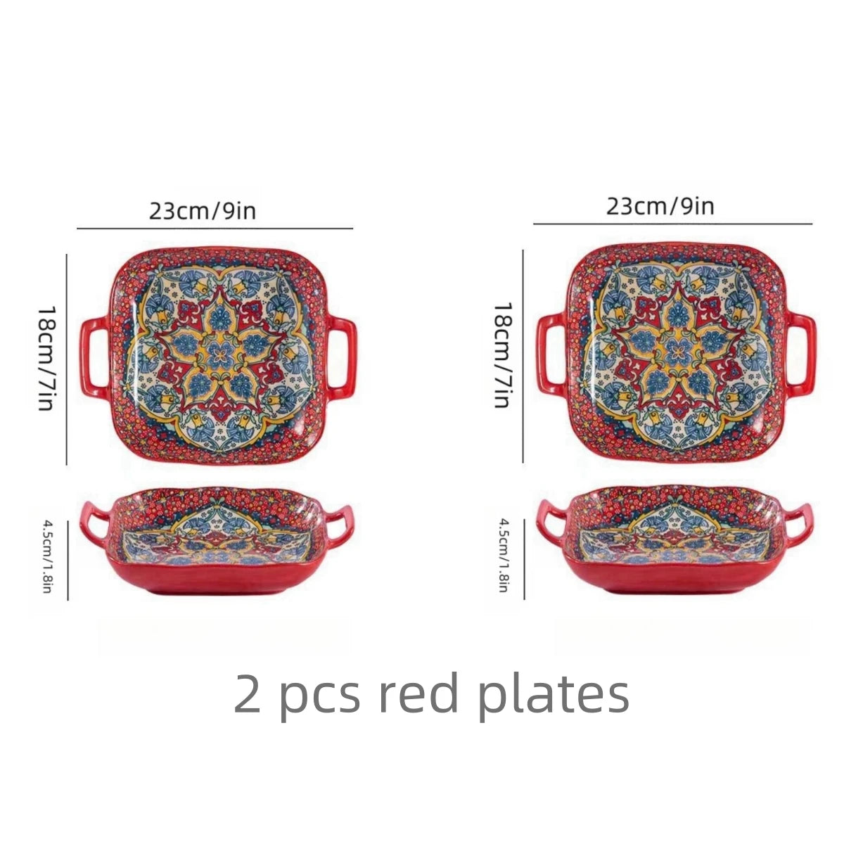 Hand-painted bohemian ceramic baking dish Square with handles For pasta and desserts Suitable for oven and microwave.