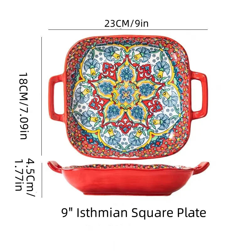 Hand-painted bohemian ceramic baking dish Square with handles For pasta and desserts Suitable for oven and microwave.