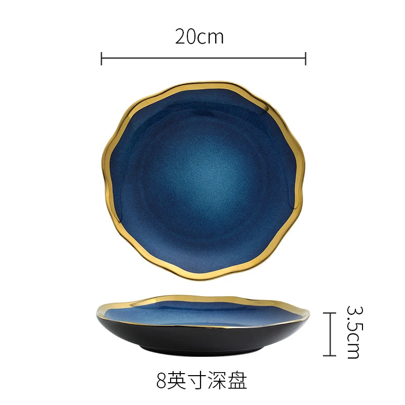 Creative Irregular Ceramic Plate Bowl Nordic Blue Glaze Irregular Golden Edge Steak Plate Main Dish Plate Household Tableware