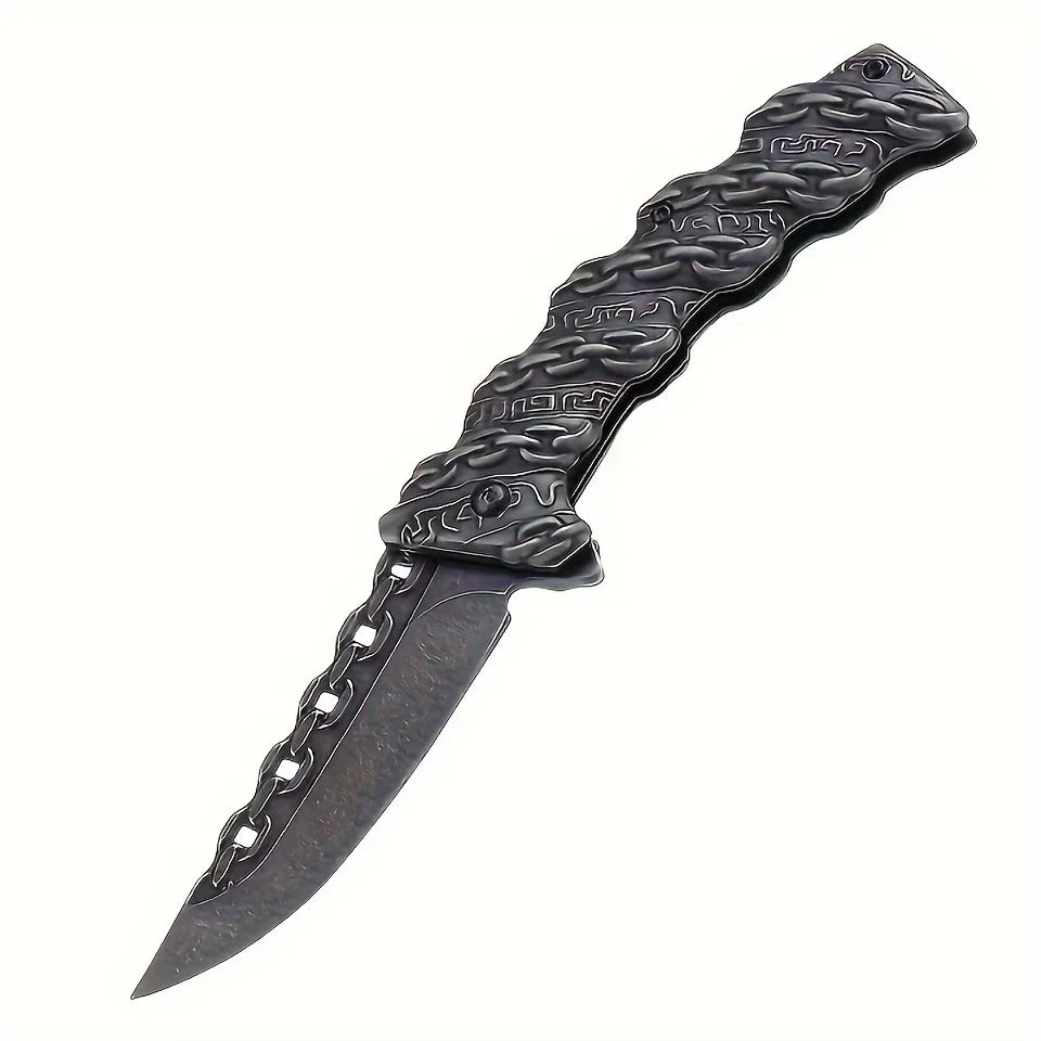 Embossed chain steel handle folding knife Stainless steel outdoor wilderness pocket knife Hiking carry-on camping knife