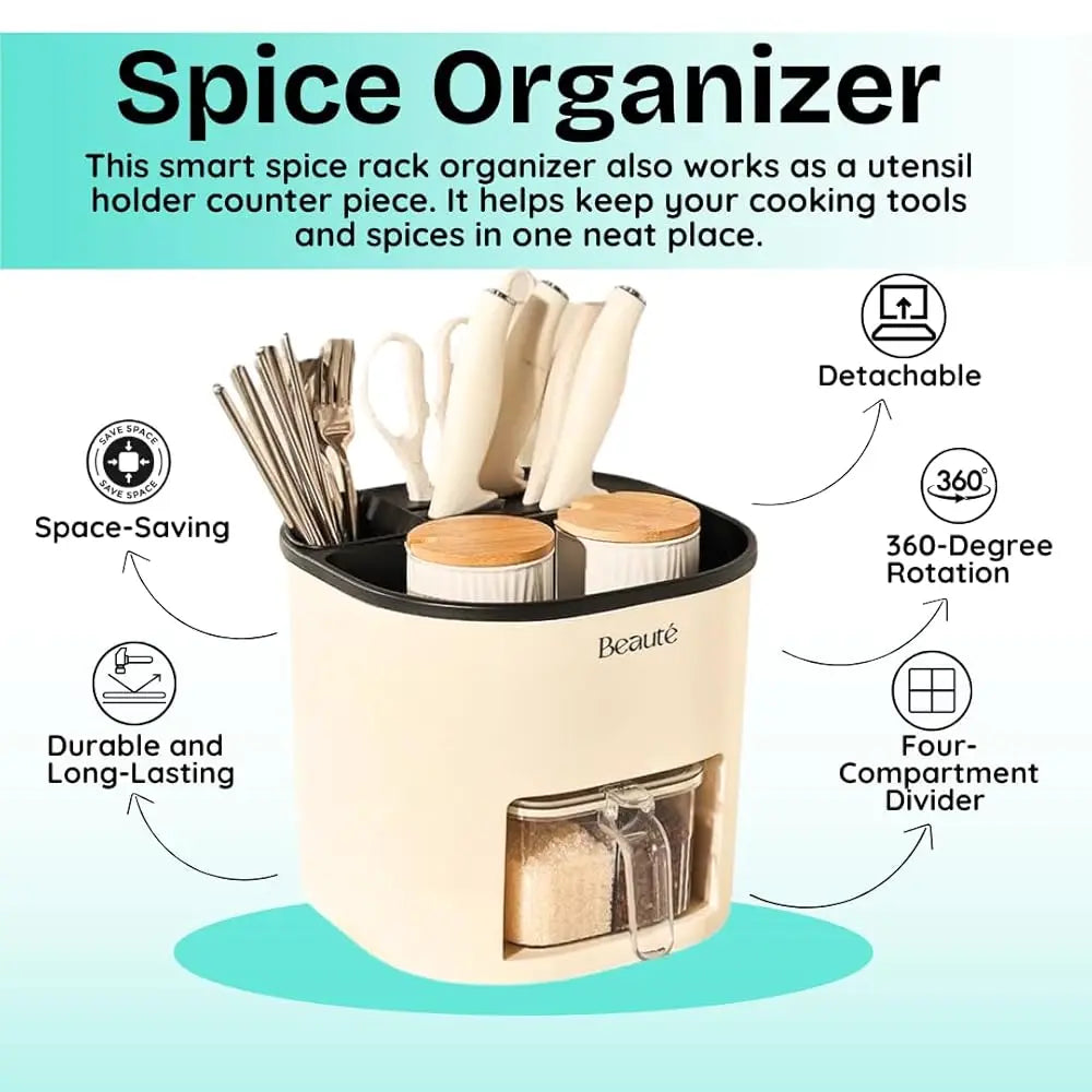 Cream Rotating Kitchen Utensil Holder – Multi-Purpose Countertop Organizer for Seasonings, Spices & Cutlery