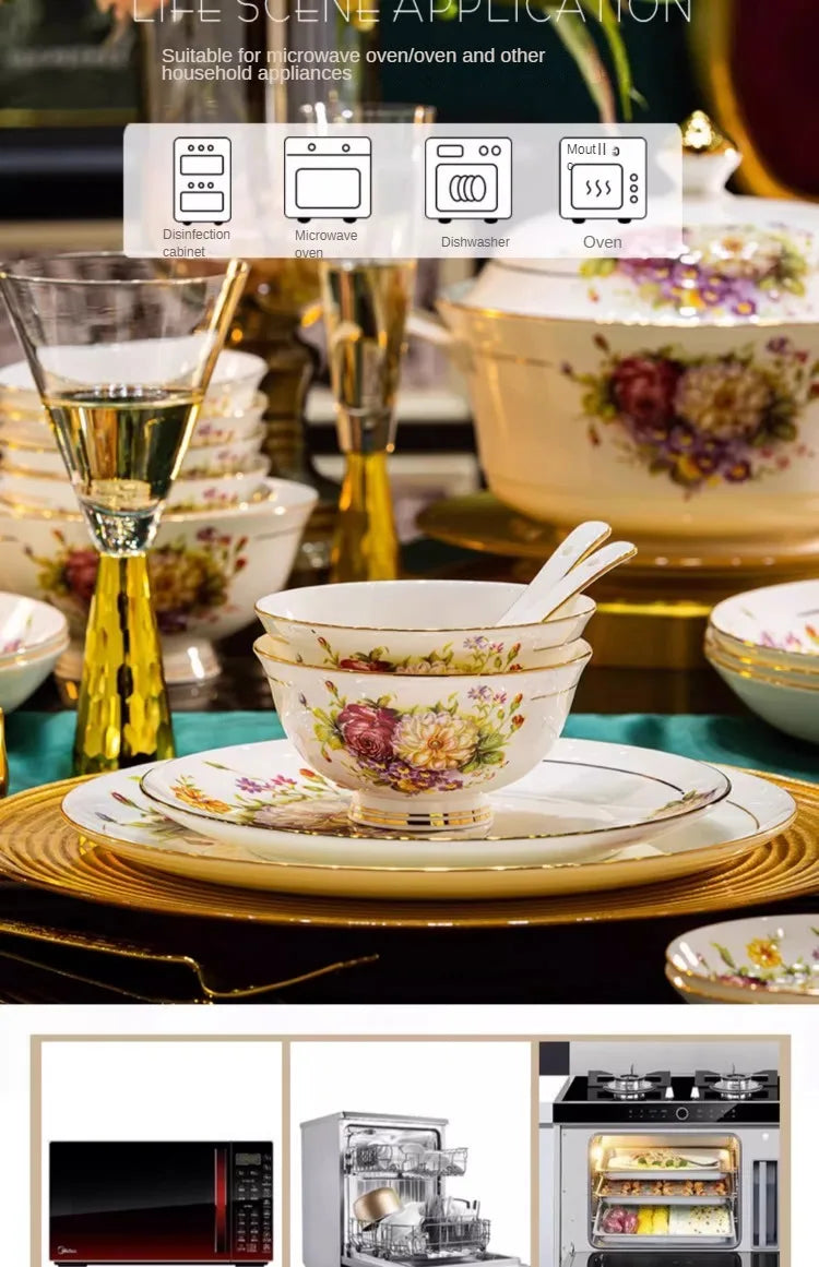 Exquisite European Style Bone China Bowl and Plate Set Luxurious Porcelain Bowl and Chopsticks Set
