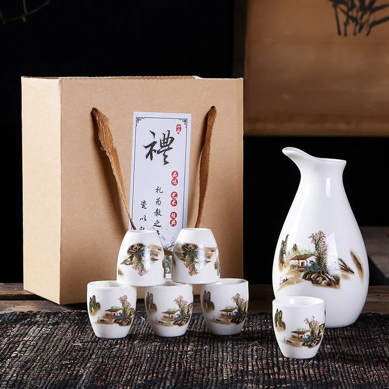 Ceramic Wine Set Liquor Spirit Pot 6 Cups Japanese Sake Pot Bar Set in Gift Box - H