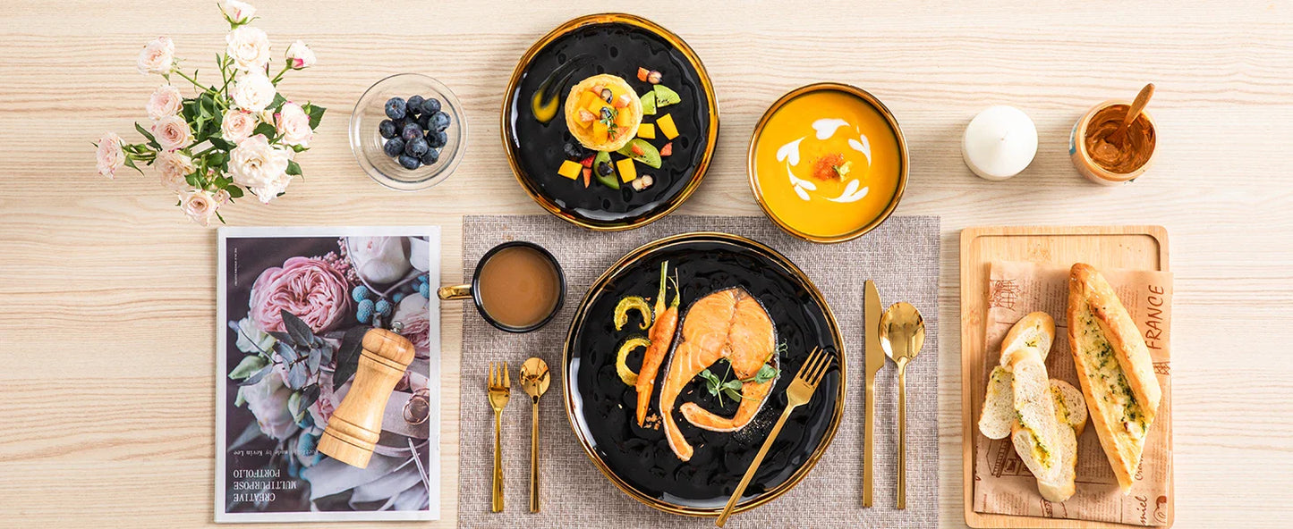 ¡Dorado Ébano: Vajilla de Lujo Black Gold Tableware Set! - LOVECASA Black Porcelain Dinnerware Set
